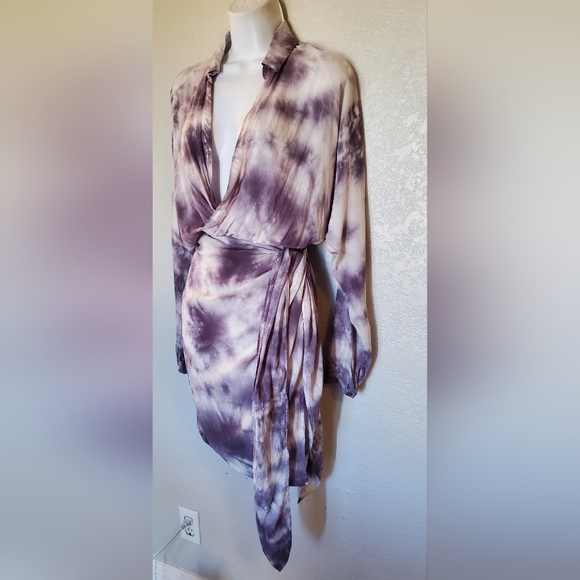 Young Fabulous & Broke Lavender Long Sleeve Plunge Tie-Dye Shirt Wrap Dress - Picture 8 of 10